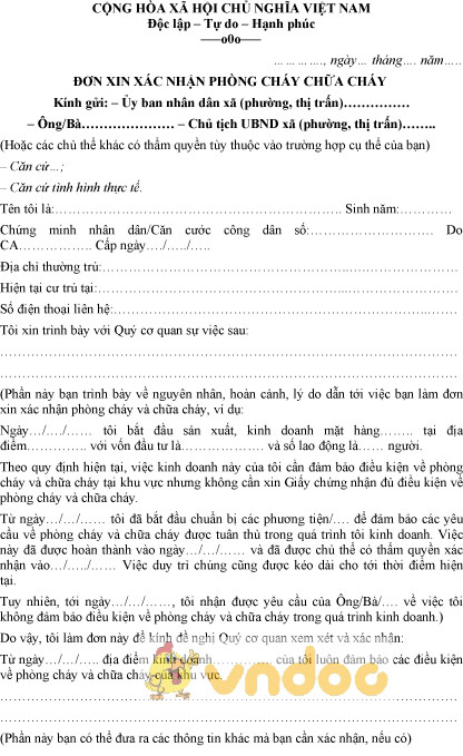 Mẫu đơn xin xác nhận phòng cháy chữa cháy