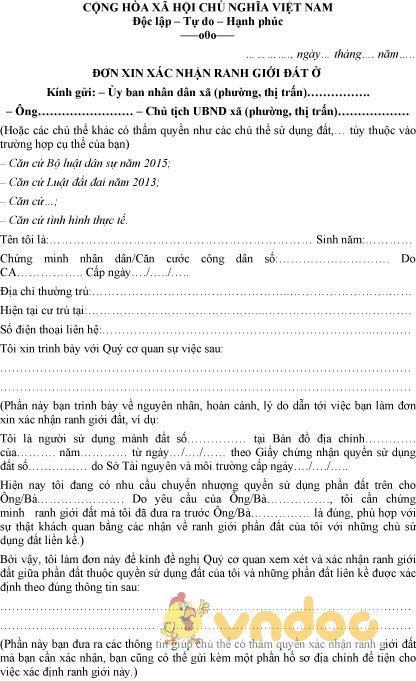 Mẫu đơn xin xác nhận ranh giới đất ở