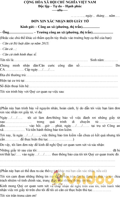 Mẫu đơn xin xác nhận rơi giấy tờ