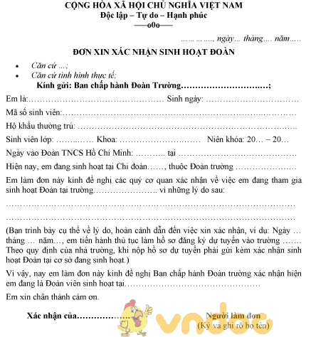 Mẫu đơn xin xác nhận sinh hoạt đoàn