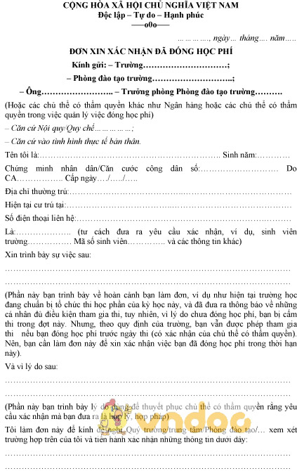 Mẫu đơn xin xác nhận đã đóng học phí