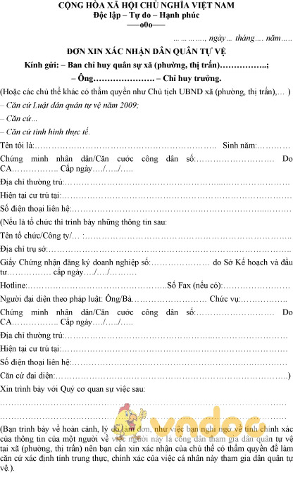 Mẫu đơn xin xác nhận dân quân tự vệ