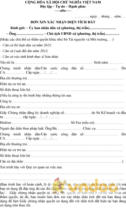 Mẫu đơn xin xác nhận diện tích đất