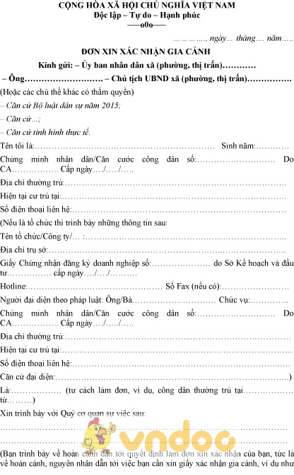 Mẫu đơn xin xác nhận gia cảnh