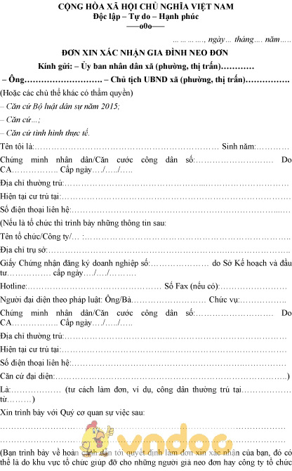 Mẫu đơn xin xác nhận gia đình neo đơn