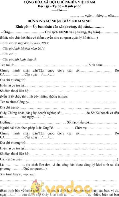 Mẫu đơn xin xác nhận giấy khai sinh