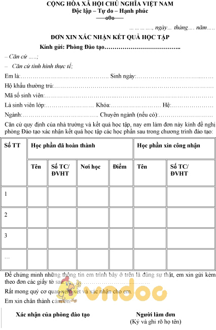 Mẫu đơn xin xác nhận kết quả học tập