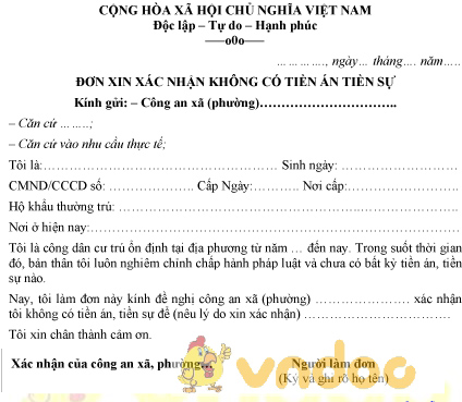 Mẫu đơn xin xác nhận không có tiền án tiền sự