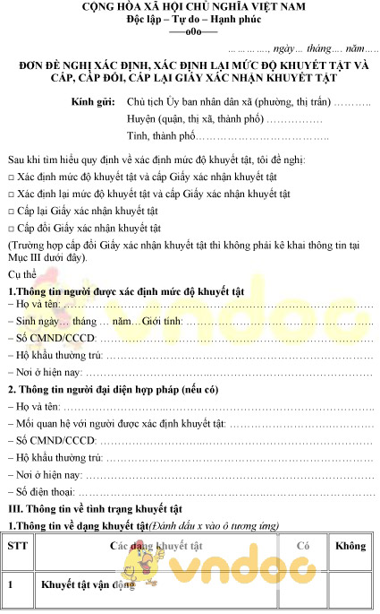 Mẫu đơn xin xác nhận khuyết tật