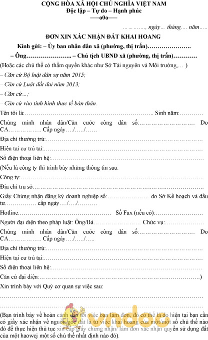 Mẫu đơn xin xác nhận là đất khai hoang