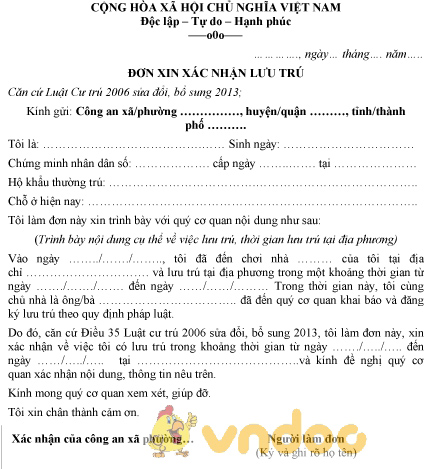 Mẫu đơn xin xác nhận lưu trú