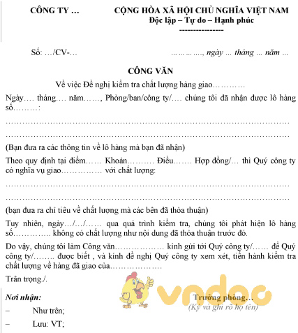 Mẫu công văn đề nghị kiểm tra chất lượng hàng giao
