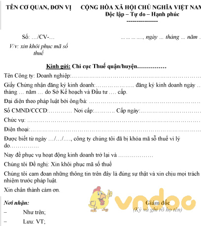 Mẫu công văn khôi phục mã số thuế