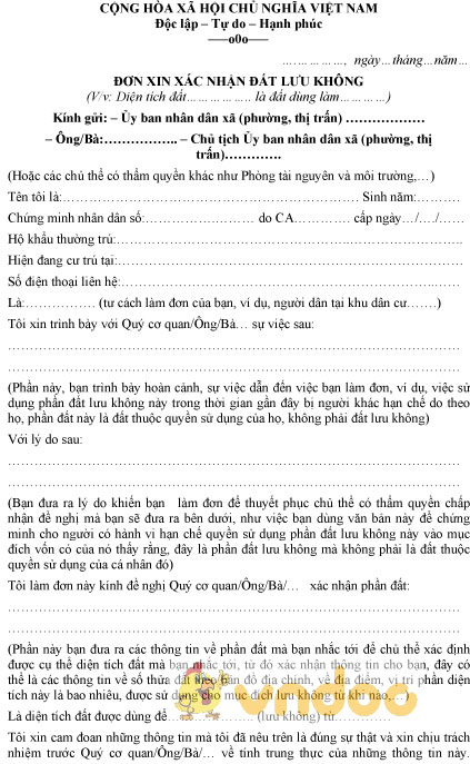 Mẫu đơn xin xác nhận đất lưu không