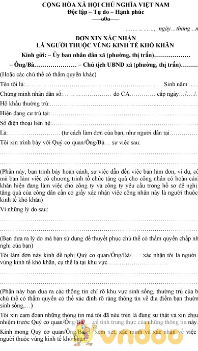 Mẫu đơn xin xác nhận là người thuộc vùng kinh tế khó khăn