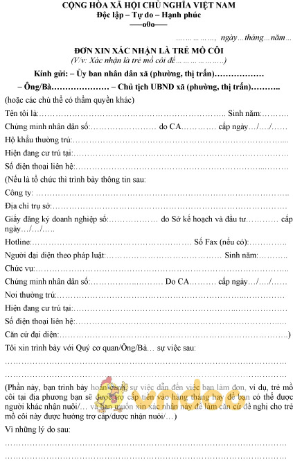 Mẫu đơn xin xác nhận là trẻ mồ côi