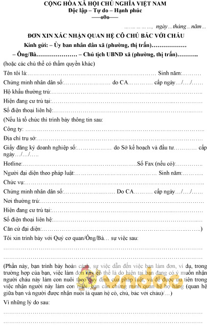 Mẫu đơn xin xác nhận quan hệ cô chú bác với cháu