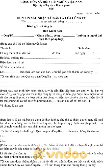 Mẫu đơn xin xác nhận tài sản là của công ty