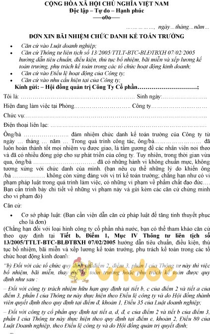 Mẫu đơn bãi nhiệm kế toán trưởng