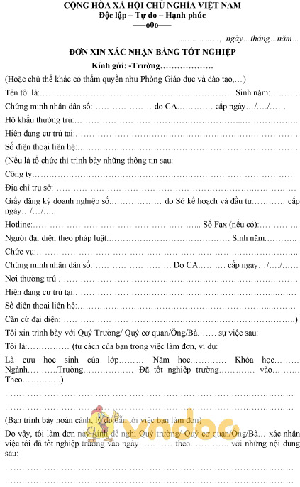 Mẫu đơn xin xác nhận bằng tốt nghiệp