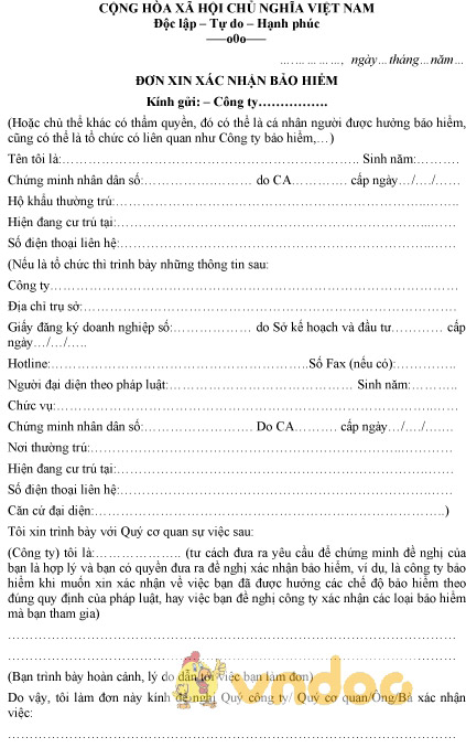 Mẫu đơn xin xác nhận bảo hiểm