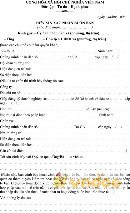 Mẫu đơn xin xác nhận buôn bán