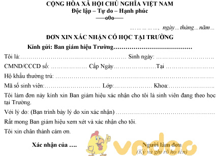 Mẫu đơn xin xác nhận có học tại trường