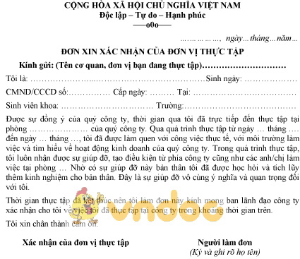 Mẫu đơn xin xác nhận của đơn vị thực tập