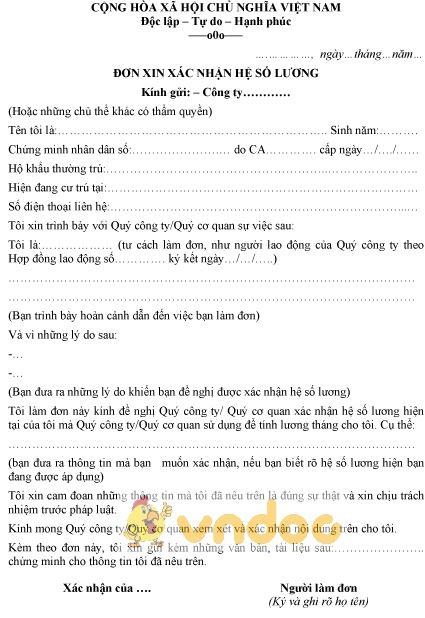 Mẫu đơn xin xác nhận hệ số lương hiện tại