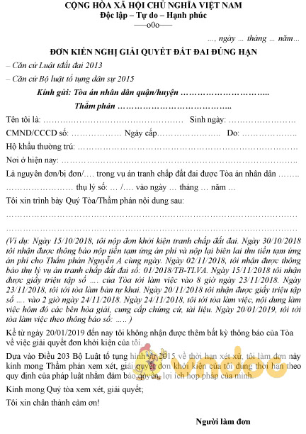 Mẫu đơn kiến nghị giải quyết đất đai đúng hạn