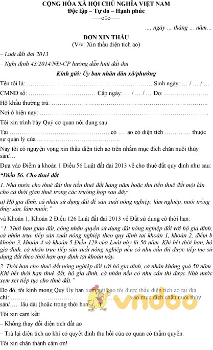 Mẫu đơn xin thầu ao