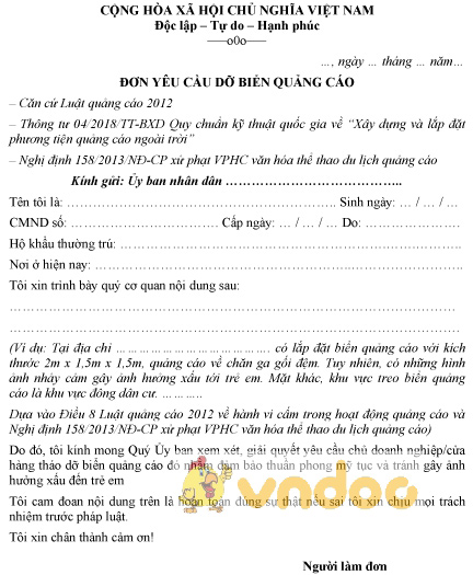 Mẫu đơn yêu cầu dỡ biển quảng cáo