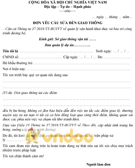 Mẫu đơn yêu cầu sửa đèn giao thông