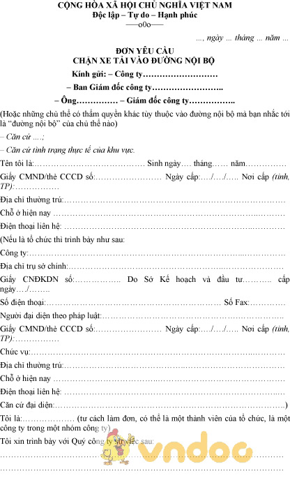 Mẫu đơn yêu cầu chặn xe tải vào đường nội bộ