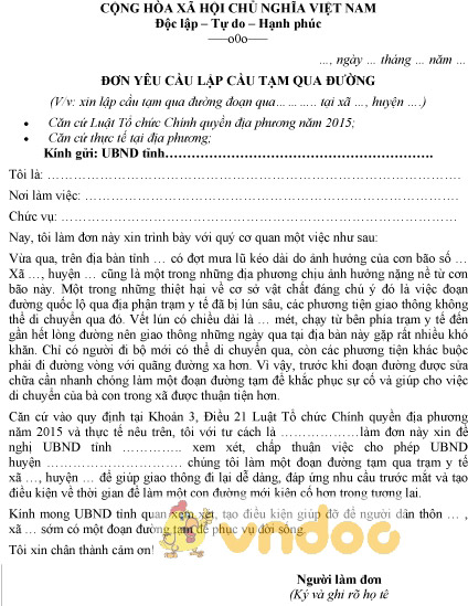 Mẫu đơn yêu cầu lập cầu tạm qua đường