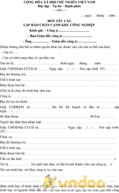 Mẫu đơn yêu cầu lập rào chắn cạnh khu công nghiệp
