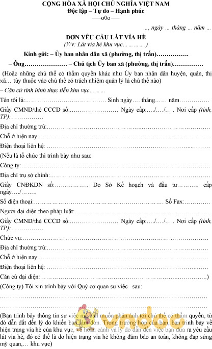 Mẫu đơn yêu cầu lát lại vỉa hè