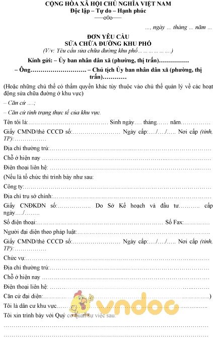 Mẫu đơn yêu cầu sửa chữa đường khu phố