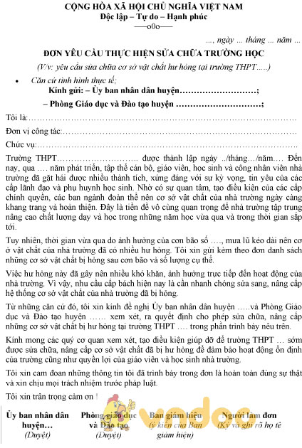 Mẫu đơn yêu cầu thực hiện sửa chữa trường học