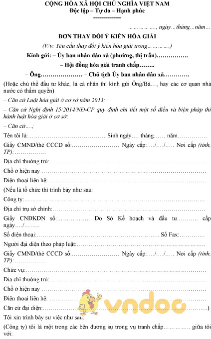 Mẫu đơn thay đổi ý kiến hòa giải