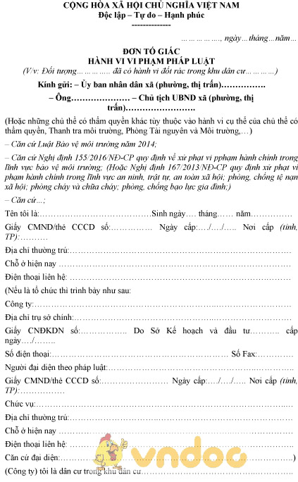 Mẫu đơn tố việc đốt rác trong khu dân cư