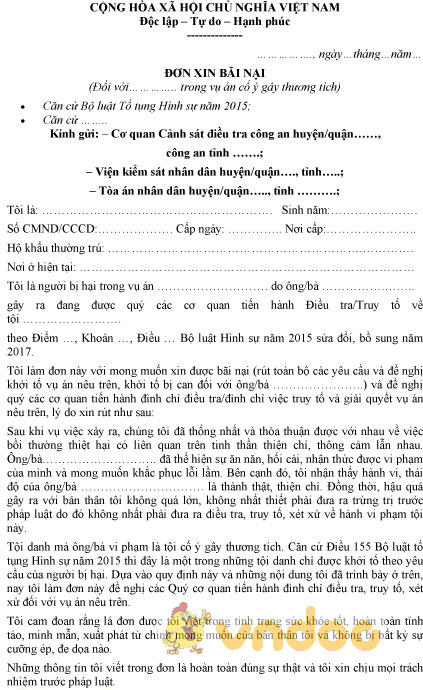Mẫu đơn xin bãi nại cố ý gây thương tích