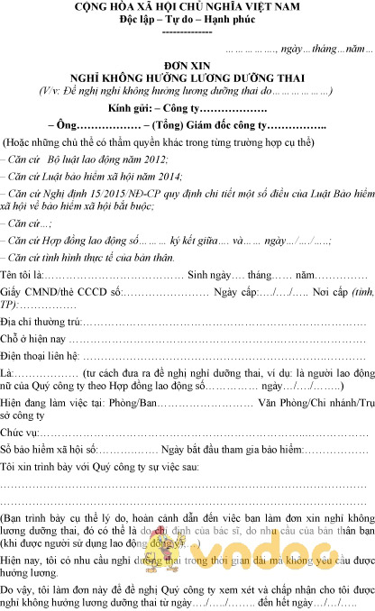 Mẫu đơn xin nghỉ dưỡng thai hưởng chế độ thai sản