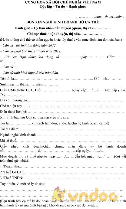 Mẫu đơn xin nghỉ kinh doanh hộ cá thể