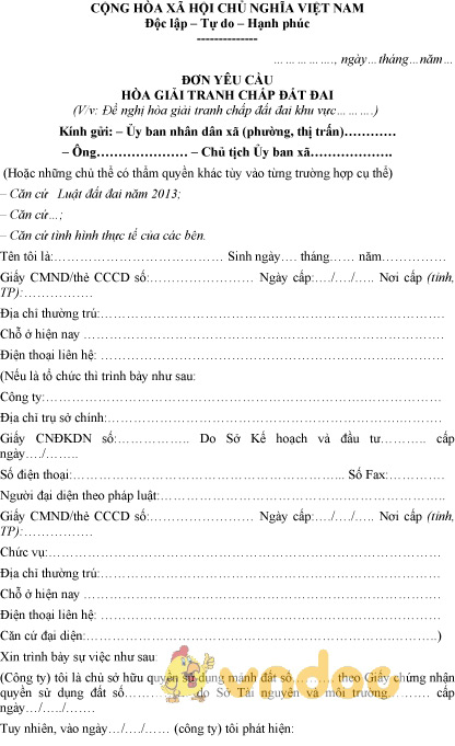 Mẫu đơn yêu cầu hòa giải tranh chấp đất đai