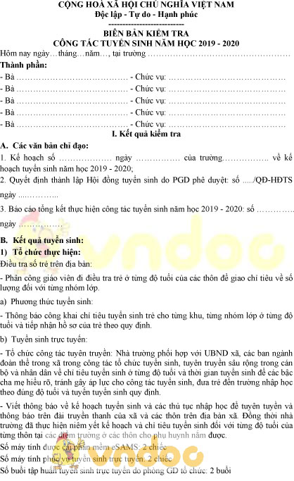 Mẫu biên bản kiểm tra công tác tuyển sinh năm học 2019-2020