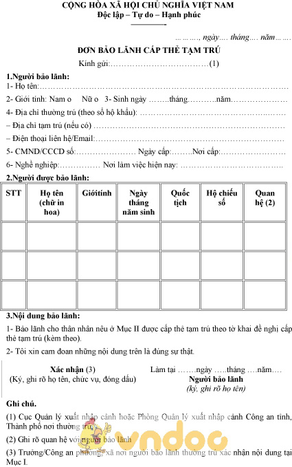 Mẫu đơn bảo lãnh cấp thẻ tạm trú