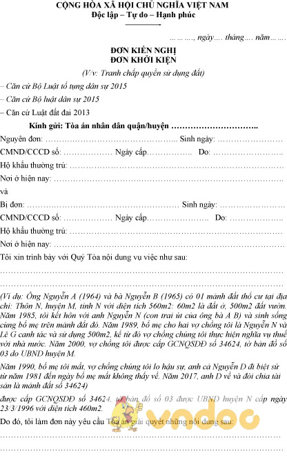 Mẫu đơn khởi kiện quyền sử dụng đất