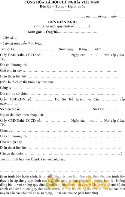 Mẫu đơn kiến nghị cá nhân