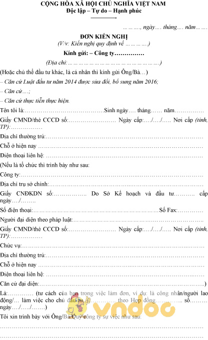 Mẫu đơn kiến nghị chủ đầu tư